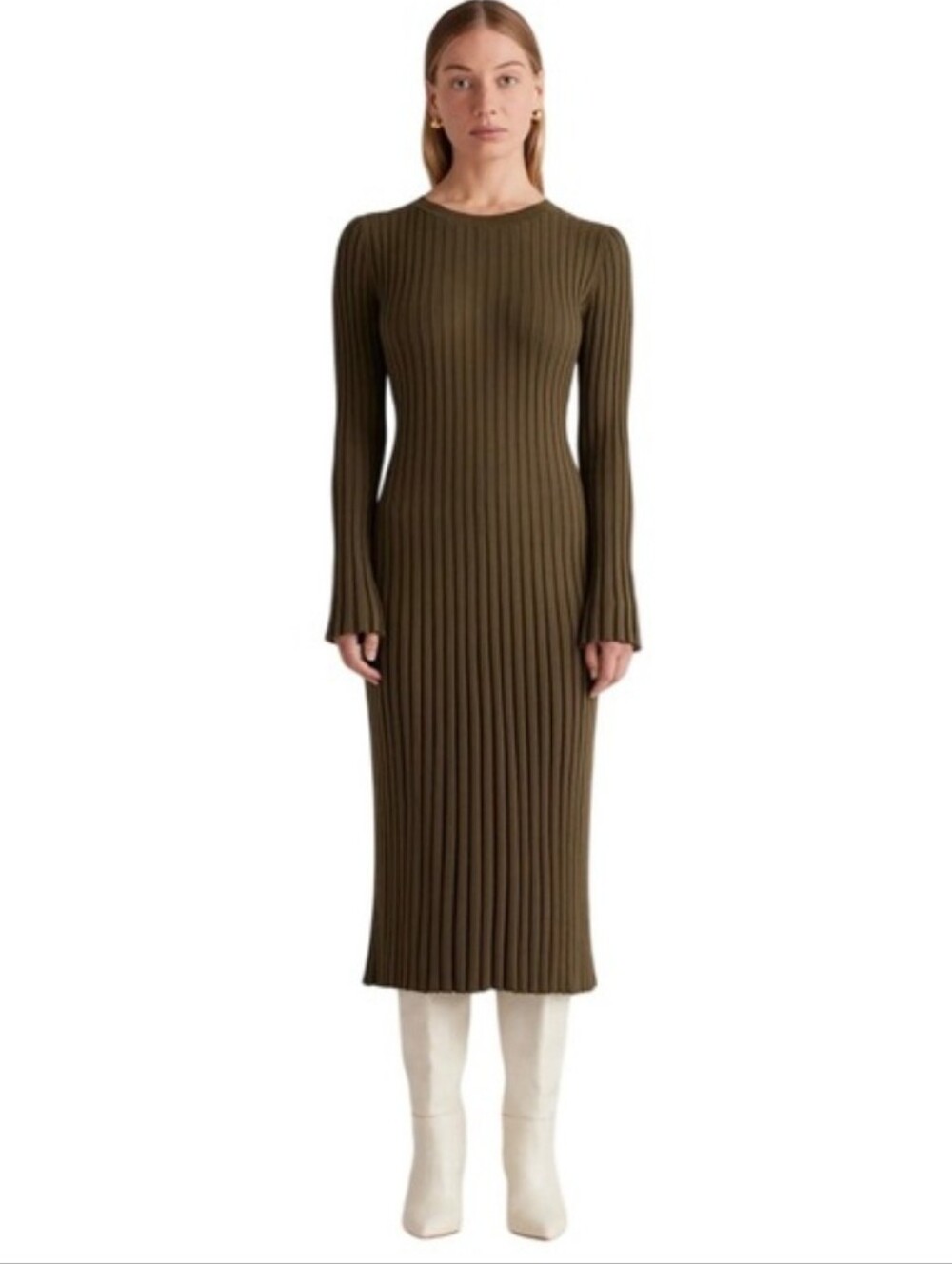 Quince Cotton Cashmere Ribbed Long Sleeve Crew Midi Dress Olive Green Size Small